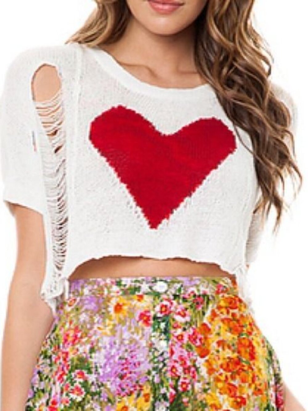 Moon Collection 100% Cotton Distressed Cream Top with Red Heart